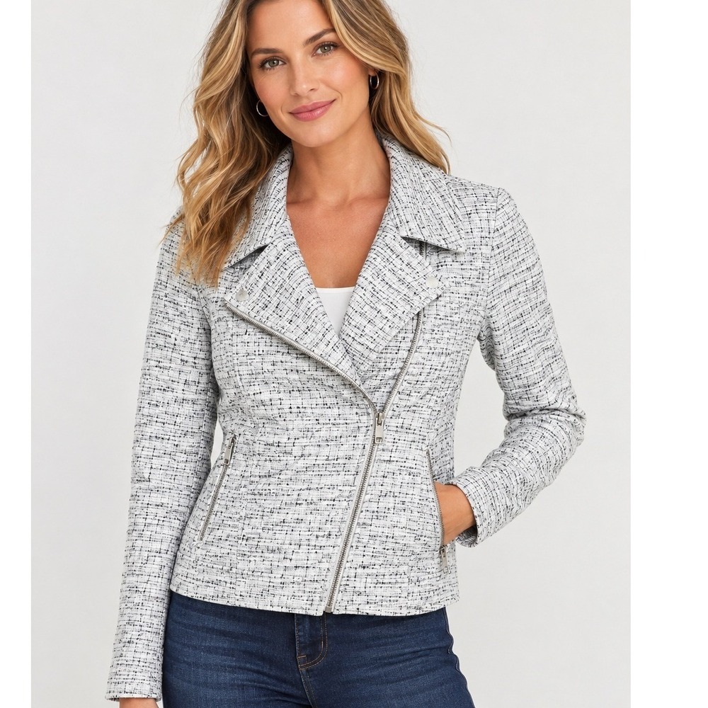 Max Studio Womens Small Black White Textured Asymmetrical Zipper Jacket Moto